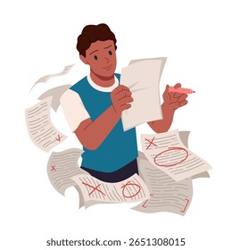 Jovem sentado à mesa com laptop e pilha de folhas de papel com texto, segurando caneta para corrigir erros de desenho animado. Revisão de documentos e verificação de erros gramaticais pelo editor, professor