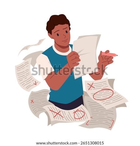 Young man sitting at table with laptop and pile of paper sheets with text, holding pen to correct mistakes cartoon. Document review and grammar error check by editor, teacher