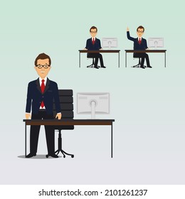 Young man sitting at the table, office worker.