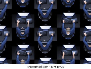 Young man sitting at the table and playing computer. Top view. Cyber sport concept. Vector seamless pattern