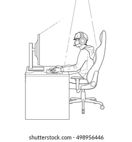 Young man sitting at the table and playing computer. Side view. Cyber sport concept. Coloring book page design for adults and kids.