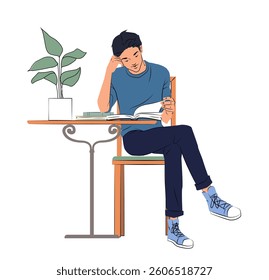 Young man sitting at a table reading a book, minimalist line art style with clean outlines, on a white background. Concept of focus and learning. Vector illustration