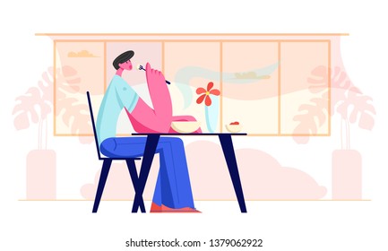 Young Man Sitting at Table in Restaurant or Cafe Having Meal. Hungry Male Character Eating Food. Hospitality Service, Gastronomy, Business Lunch Time, Relaxing Person. Cartoon Flat Vector Illustration