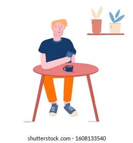 Young Man Sitting at Table in Restaurant Drinking Coffee and Chatting in Smartphone. Male Character Use Mobile Phone in Cafe. Business Lunch Time, Relaxing Person. Cartoon Flat Vector Illustration
