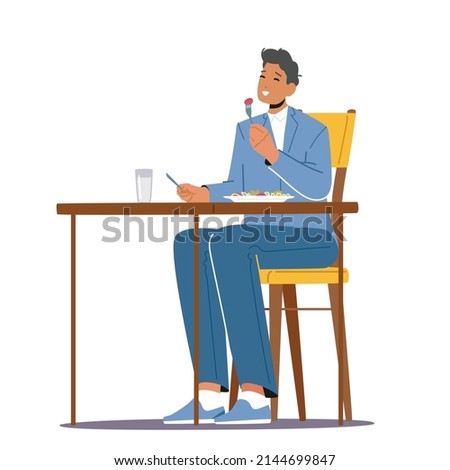 Young Man Sitting at Table in Restaurant or Cafe Having Meal. Hungry Male Character Eating Food. Hospitality Service, Gastronomy, Business Lunch Time, Relaxing Person. Cartoon Vector Illustration