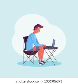 Young man sitting at the table and working at his laptop. Flat design style. Freelance worker character on isolated background.
