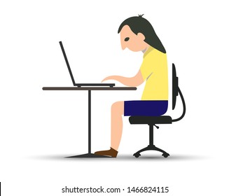 young man sitting at a table and working on a laptop. Remote work at the computer. Time spent playing computer games.