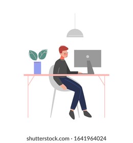 Young Man Sitting at the Table and Working with Laptop in Office, Business Character Vector Illustration