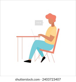 Joven sentado en la mesa y trabajando en una laptop. Ilustración vectorial plana.