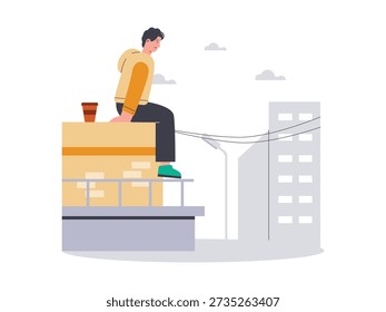 Young man sitting thoughtfully on a rooftop with coffee, thinking about the future. Character design. Vector flat illustration.