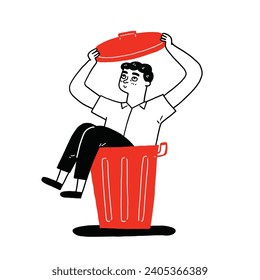 Young man is sitting in the trash can. Vector Illustration Hand drawn doodle style.