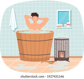 Joven sentado en una ilustración vectorial de la tina. Baño o banya en el interior de la casa. Un chico sexy en barril descansa en la sauna. Carácter masculino a vapor caliente. Una persona limpia la piel en el agua en la sauna