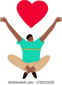 Young man sitting under big red heart and expressing love
