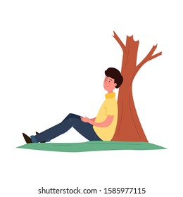 The young man sitting under a tree relaxes. Vector colorful illustration in cartoon style