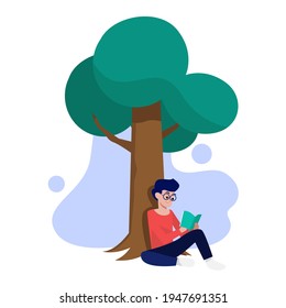 Junge Mann sitzend unter einem Baum und liest ein Buch, Vektorgrafik