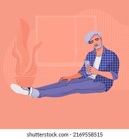 Young man sitting and using his smartphone. Vector flat illustration.