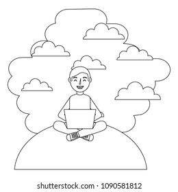 young man sitting using laptop clouds background