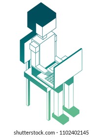 young man sitting using laptop isometric