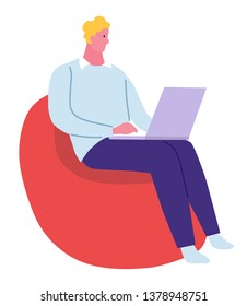 Young man sitting and using a laptop. Concept illustration with colored characters. Flat cartoon style