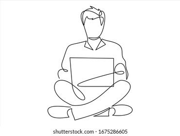 Young man sitting and using a laptop.continuous line drawing