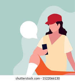 young man sitting using smartphone with speech bubble vector illustration design