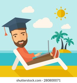 A young man sitting, wearing graduation cap with laptop on the beach under the sun. A Contemporary style with pastel palette, soft blue tinted background with desaturated clouds. Vector flat design