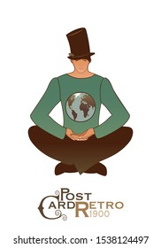 Young man sitting, wearing hat looking at Earth globe isolated on white background