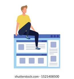 young man sitting in web page vector illustration design