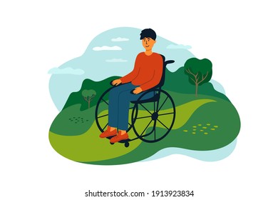 Young man sitting in wheelchair enjoying nature landscape. Handicapped person lifestyle. Smiling disabled guy in casual clothes. Outdoor leisure activity with physical disability. Vector illustration