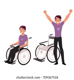 Young man sitting in wheelchair, raising hands in happiness, rehabilitation concept, cartoon vector illustration isolated on white background. Happy smiling young man in wheelchair