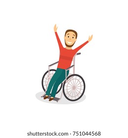 Young man sitting in wheelchair, raising arms in happiness, rehabilitation concept, cartoon vector illustration isolated on white background. Happy smiling young man with hipster beard in wheelchair