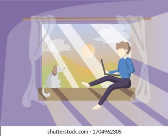 El joven estaba sentado en el borde de la ventana de la casa con su perro en la mañana. En el exterior de la ventana hay una hermosa vista y el sol naciente.