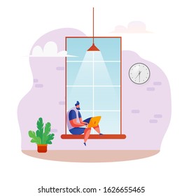 Young man sitting at windowsill typing at laptop. Male designer or programmer at job in coworking. Freelancer working online from home sitting at floor. Vector student doing task