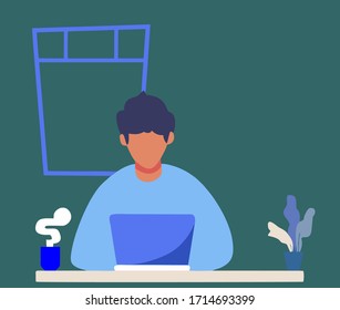 a young man sitting and working in front of computer. Work from home vector background illustration. 