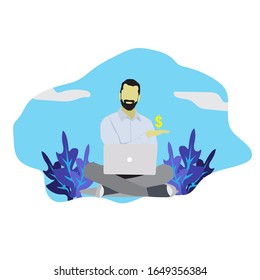 Young man sitting, working with laptop. vector illustration.