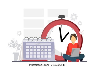 Un joven sentado y trabajando con un portátil cercano al calendario y reloj, planificación y concepto de plazo, concepto de trabajo independiente, ilustración de vector plano