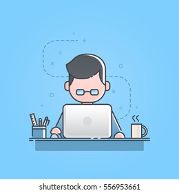 Young man sitting and working on laptop computer, Freelance work, home office. Vector illustration.