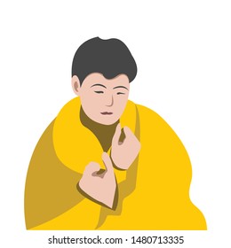 young man sitting, wrapped in a plaid, illustration of a cold and flu, sick sad guy, isolated on white background
