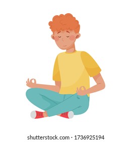 Young Man Sitting in Yoga Pose to Reduce Stress Vector Illustration