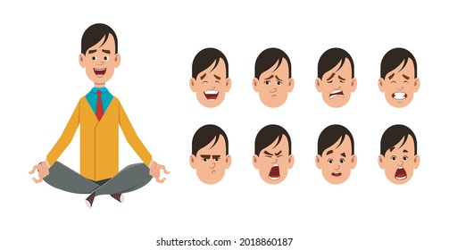 Young man sitting in yoga posture or meditating. Young man character with different type of facial expression .