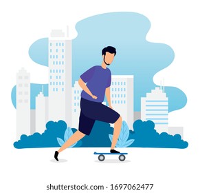 young man in skateboard with cityscape vector illustration design