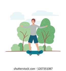 young man with skateboard in landscape