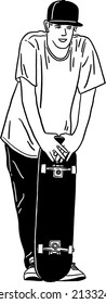 Young man with skateboard outdoor Sport Hand drawn line art illustration