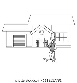 young man with skateboard outside the house
