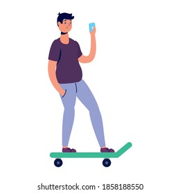 young man in skateboard using smartphone technology vector illustration design