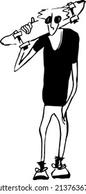 Young man a skateboarder illustration. 
Active life style idea. Cartoon teenager holds a skateboard on the shoulder line hand drawing

