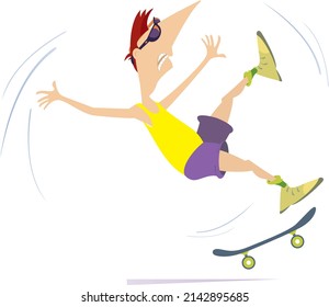 Young man a skateboarder isolated on white background. 
Cartoon young man in sunglasses falling down from the skateboarder. Active life style idea
