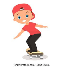 Young man skateboarding. Cartoon boy skater riding a skateboard and doing a skateboard trick. Flat design. Vector illustration eps 10