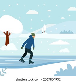 Young Man  skating on Ice rink . Winter landscape .Fun Sport Activities. Concept of winter leisure activities.  Vector Illustration