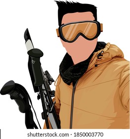 young man ski clothes and gears on winter holiday